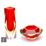 Mandruzzato - A post war Murano sommerso glass vase of faceted form, the ruby core cased in yellow