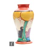 Clarice Cliff - Summerhouse - A Mei Ping vase circa 1931, hand painted with a stylised pagoda and