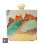 Clarice Cliff - Secrets - A drum shaped preserve pot and cover circa 1932, hand painted with a
