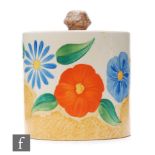 Clarice Cliff - Canterbury Bells - A drum shaped preserve pot and cover circa 1932, hand painted