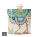 Clarice Cliff - Viscaria - A small size drum preserve pot and cover circa 1934, hand painted with