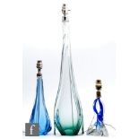 Val St Lambert - Three glass table lamps, each of wrythen form in a graduated tint, various