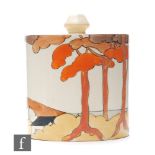 Clarice Cliff - Coral Firs - A drum shape preserve pot and cover circa 1932, hand painted with a