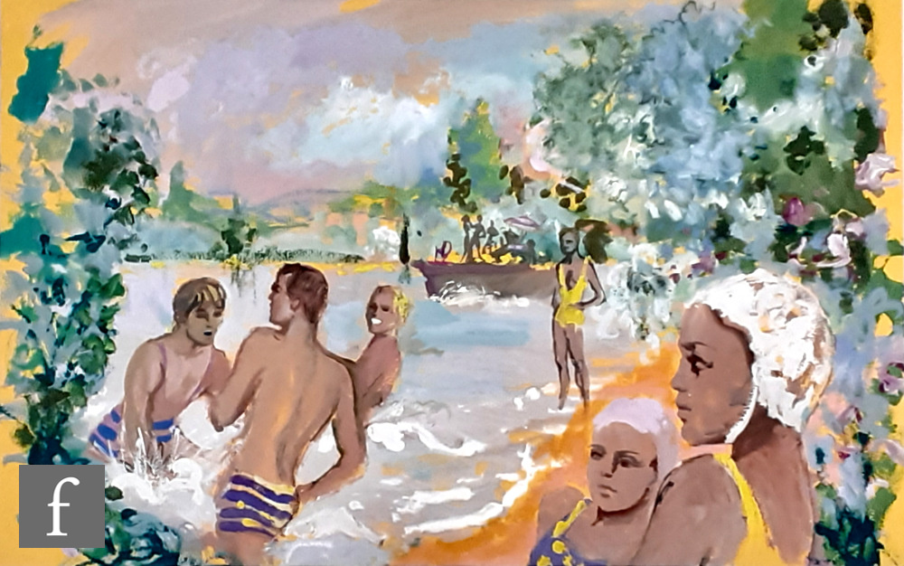 French School - Figures on a beach in summer, gouache, framed, 26cm x 41.5cm, frame size 41.5cm x