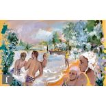 French School - Figures on a beach in summer, gouache, framed, 26cm x 41.5cm, frame size 41.5cm x