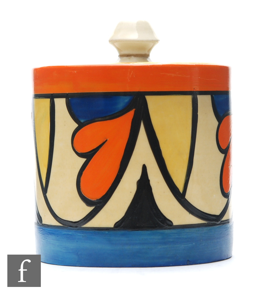 Clarice Cliff - Double V - A drum shaped preserve pot circa 1929, hand painted with double V