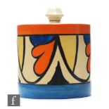 Clarice Cliff - Double V - A drum shaped preserve pot circa 1929, hand painted with double V