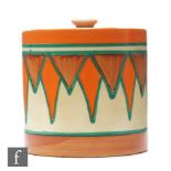 Clarice Cliff - Original Bizarre - A drum shaped preserve pot and cover circa 1928, hand painted