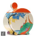 Clarice Cliff - Seven Colour/Orange Secrets - A Bon Jour shape preserve pot and cover circa 1933,