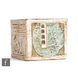 Annette Waters - Troika Pottery - A cube vase decorated with incised panels to each facia with