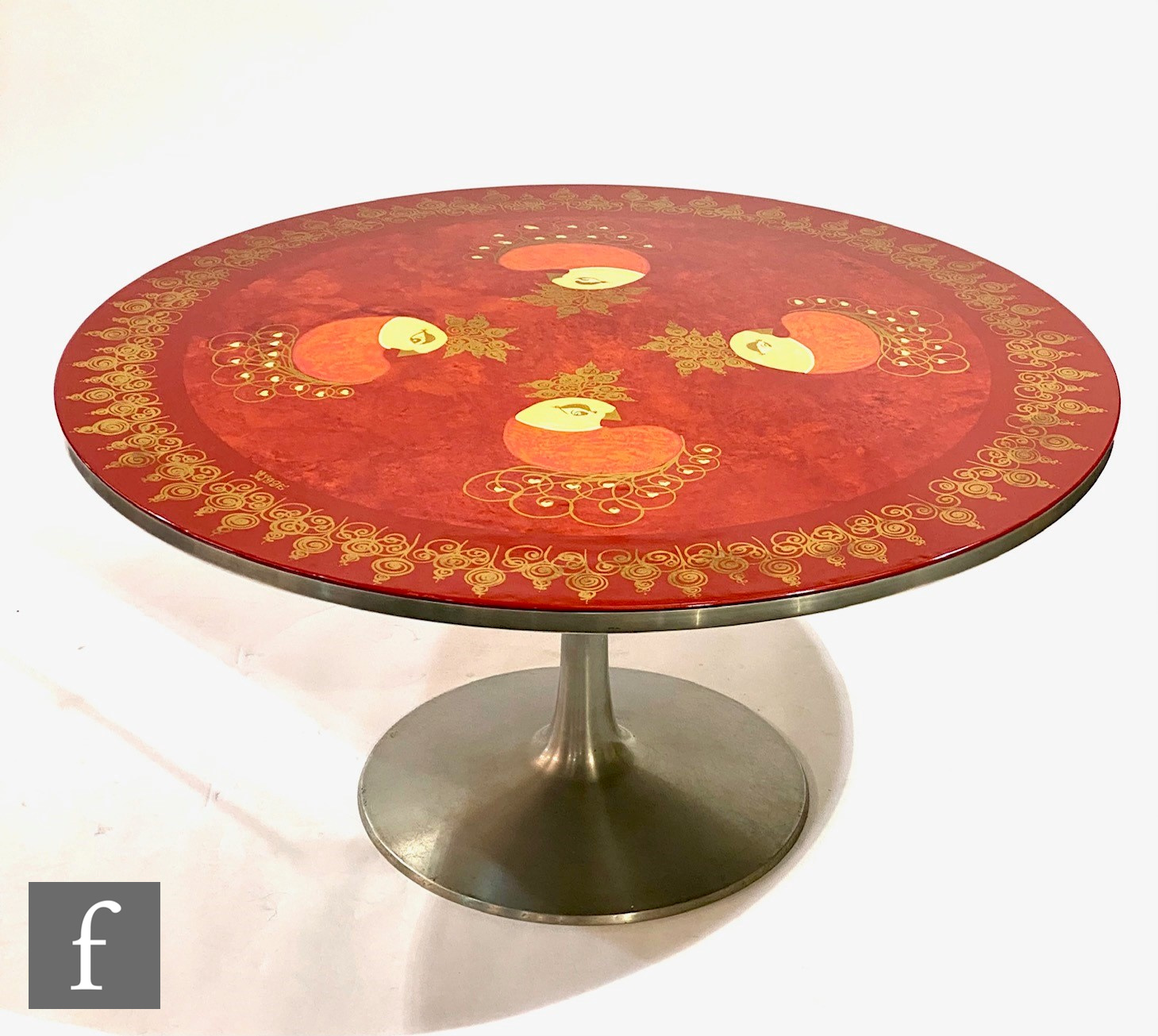 Poul Cadovius and Bjorn Wiinblad - France & Søn - A circular pedestal table, the signed hand painted