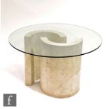 Unknown - An architectural style circular tempered glass top dining table with twin demi-lune