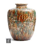 Ruskin Pottery - A large high fired barrel vase with a squat flared collar neck decorated with brown