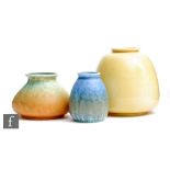 Ruskin Pottery - Three pieces of Ruskin Pottery comprising a small crystalline glazed vase in