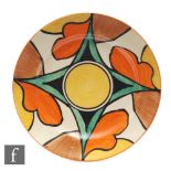 Clarice Cliff - Double V - A circular side plate radially decorated with a chevron and stylised