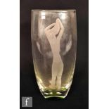 Kosta - A 20th Century glass vase of compressed sleeve form with green spot core cased in clear,