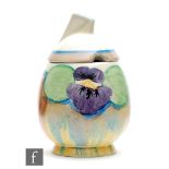 Clarice Cliff - Delecia Pansies - A Daffodil shape preserve pot and cover circa 1933, hand painted