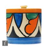 Clarice Cliff - Double V - A drum shape preserve pot and cover circa 1930, hand painted with a