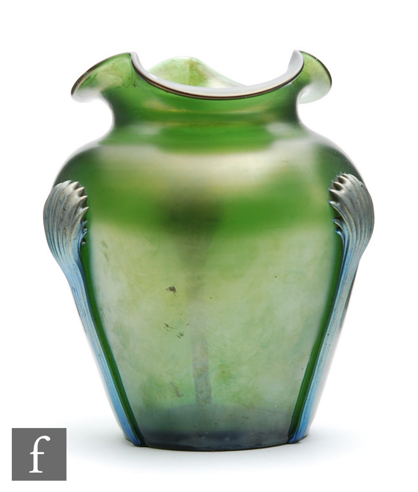 Kralik - An early 20th Century vase of shouldered ovoid form with a tri-form rim, decorated in the