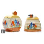 Clarice Cliff - Crocus - A Beehive shape honey pot and cover circa 1930, hand painted with Crocus