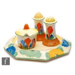 Clarice Cliff - Crocus - A three piece Muffiner cruet set circa 1930, hand painted with Crocus