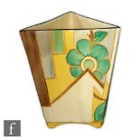 Clarice Cliff - Moonflower - A shape 200 vase of footed triangular form circa 1933, hand painted