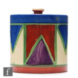 Clarice Cliff - Original Bizarre - A drum shape preserve pot and cover circa 1928 hand painted