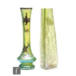 Kralik - A Bohemiam glass vase of triangular form, in a rough crackle effect in a green iridescence,