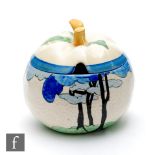 Clarice Cliff - Blue Firs - An apple shaped preserve and cover circa 1932, hand painted with a