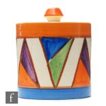 Clarice Cliff - Original Bizarre - A drum shaped preserve pot and cover circa 1928, hand painted