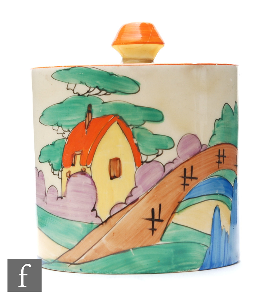 Clarice Cliff - Orange Roof Cottage - A drum shaped preserve pot and cover circa 1932, hand