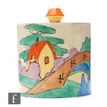Clarice Cliff - Orange Roof Cottage - A drum shaped preserve pot and cover circa 1932, hand