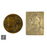 M. Delannoy/ R Rasumny - A French circular bronze plaque depicting a female trumpeter, diameter 5cm,