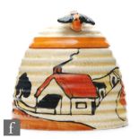 Clarice Cliff - House & Bridge - A large Beehive honey pot circa 1932, hand painted with a