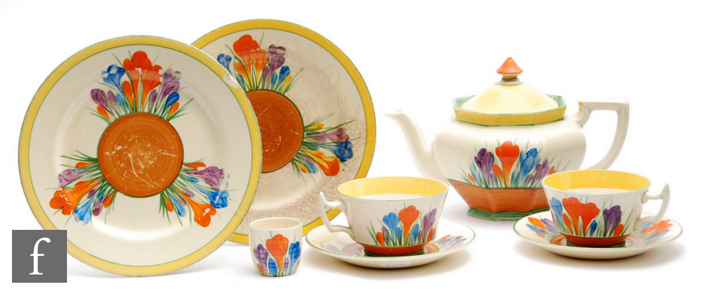 Clarice Cliff - Crocus - A small parcel collection of tea and table wares to comprise Athens teapot,