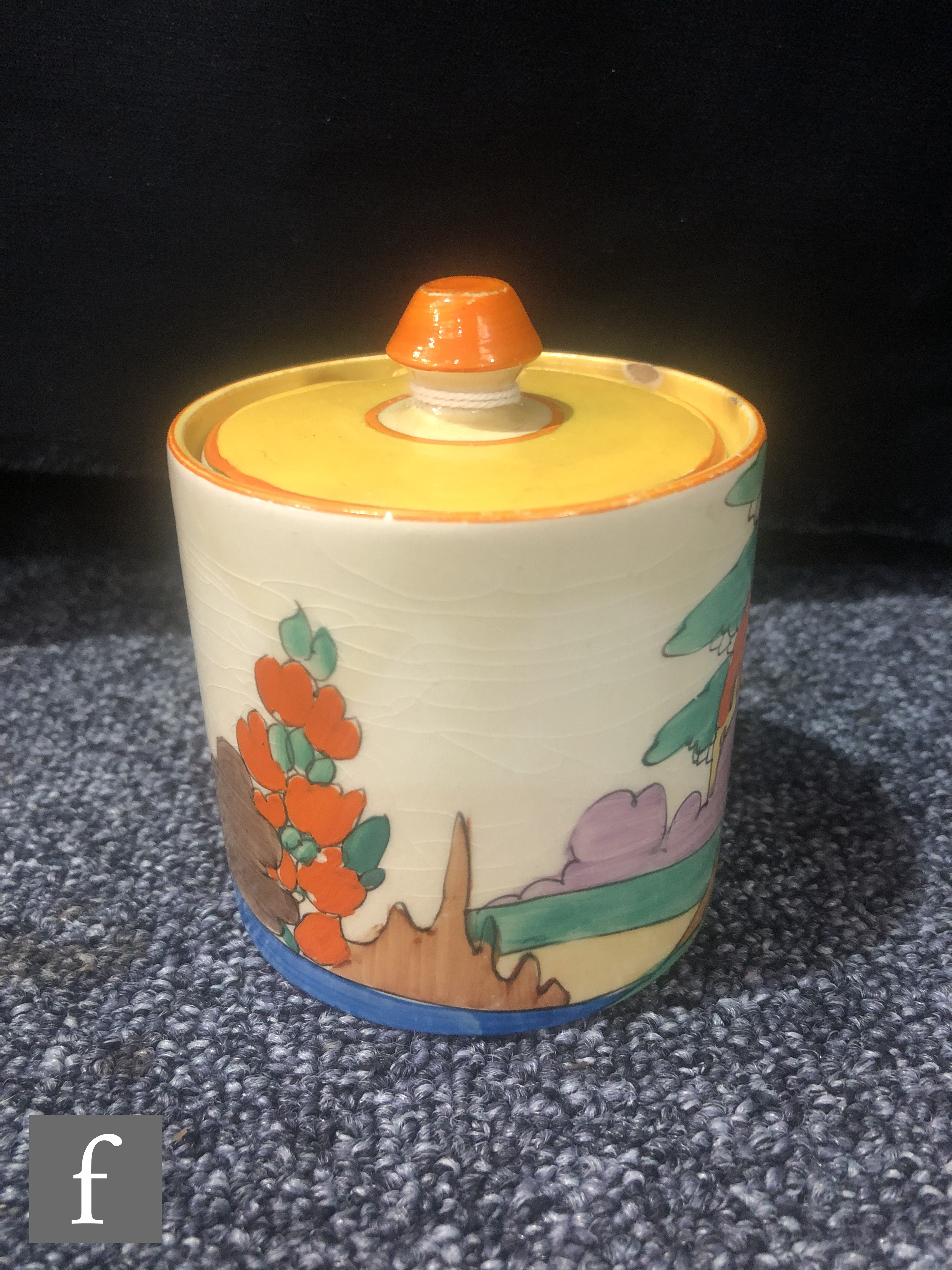Clarice Cliff - Orange Roof Cottage - A drum shaped preserve pot and cover circa 1932, hand - Image 3 of 5