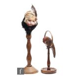 Unknown - A 1930s Art Deco boudoir doll hat stand, the doll head wearing a velvet cloche hat with