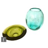 Unknown - A post war glass bowl of shallow circular form with wide flat rim, all in a green tint,