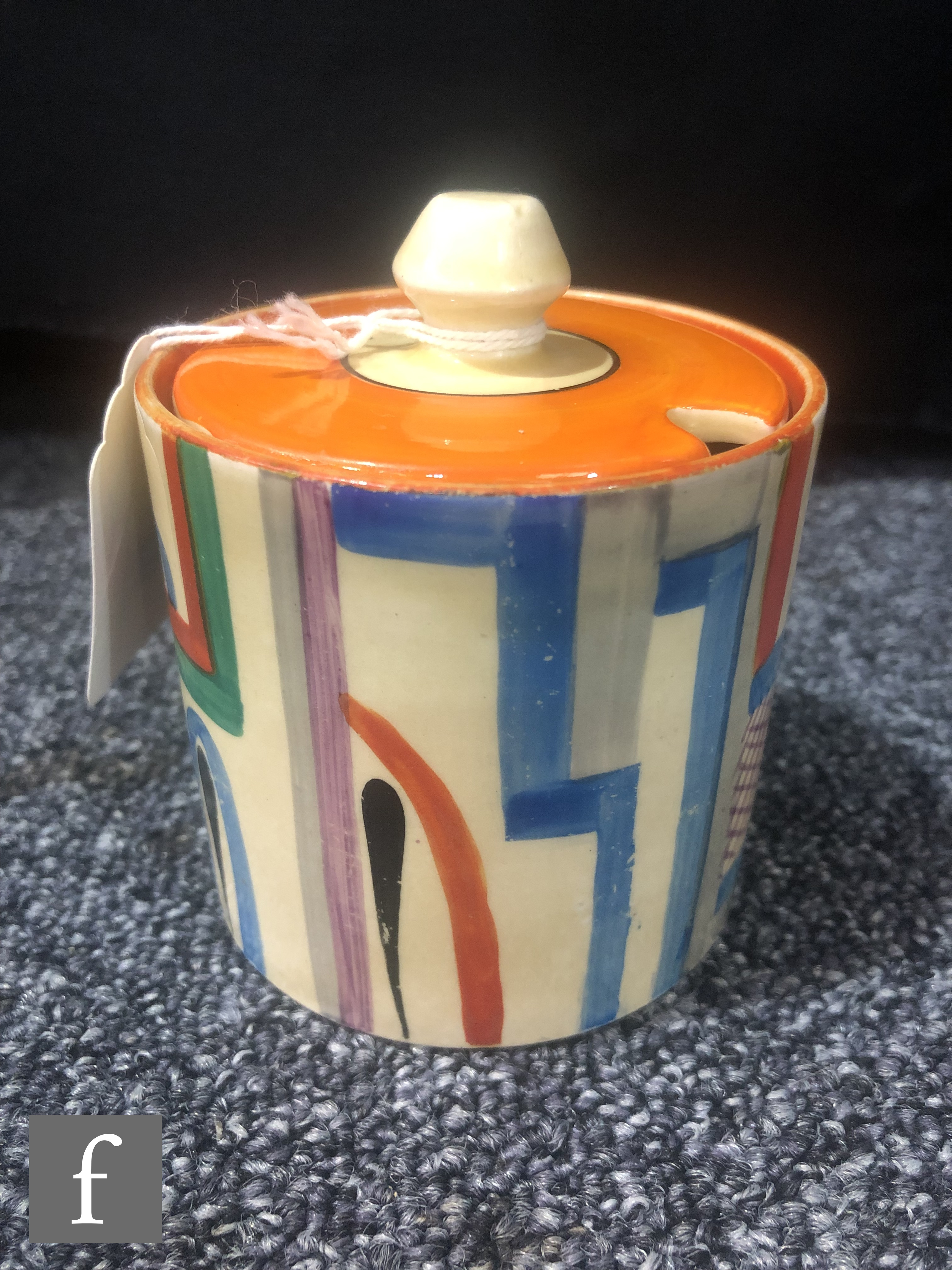 Clarice Cliff - Tennis - A drum shaped preserve pot and cover circa 1930, hand painted with a - Image 2 of 5