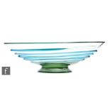 Tom Hill - Whitefriars - A 1930s ribbon trailed bowl of footed shallow form, all in a sea green tint