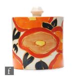 Clarice Cliff - Orange Chintz - A drum shaped preserve pot and cover circa 1932, hand painted with