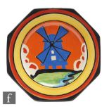 Clarice Cliff - Applique Windmill - An octagonal side plate circa 1930, hand painted with a blue