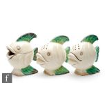 Clarice Cliff - Mr Fish - A three piece cruet set modelled as smiling fish with tonal brown and