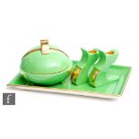 Carlton Ware - A 1930s Art Deco part dressing table set comprising tray, powder bowl and a pair of