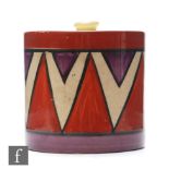 Clarice Cliff - Original Bizarre - A drum shaped preserve pot and cover circa 1928, hand painted