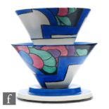 Clarice Cliff - Latona Dahlia - A shape 380 double conical bowl circa 1930, the upper and lower