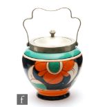 Clarice Cliff - Green Eyed Marigold - A biscuit barrel circa 1929, hand painted with a band of