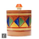 Clarice Cliff - Original Bizarre - A drum shaped preserve pot and cover circa 1927, hand painted