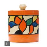 Clarice Cliff - Whisper - A drum shaped preserve pot and cover circa 1929 hand painted with an