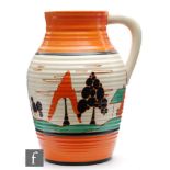 Clarice Cliff - Orange Trees & House - A 12 inch single handled Lotus jug circa 1930, hand painted